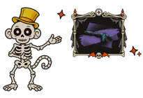 Skeleton monkey in a top hat next to a framed rifle